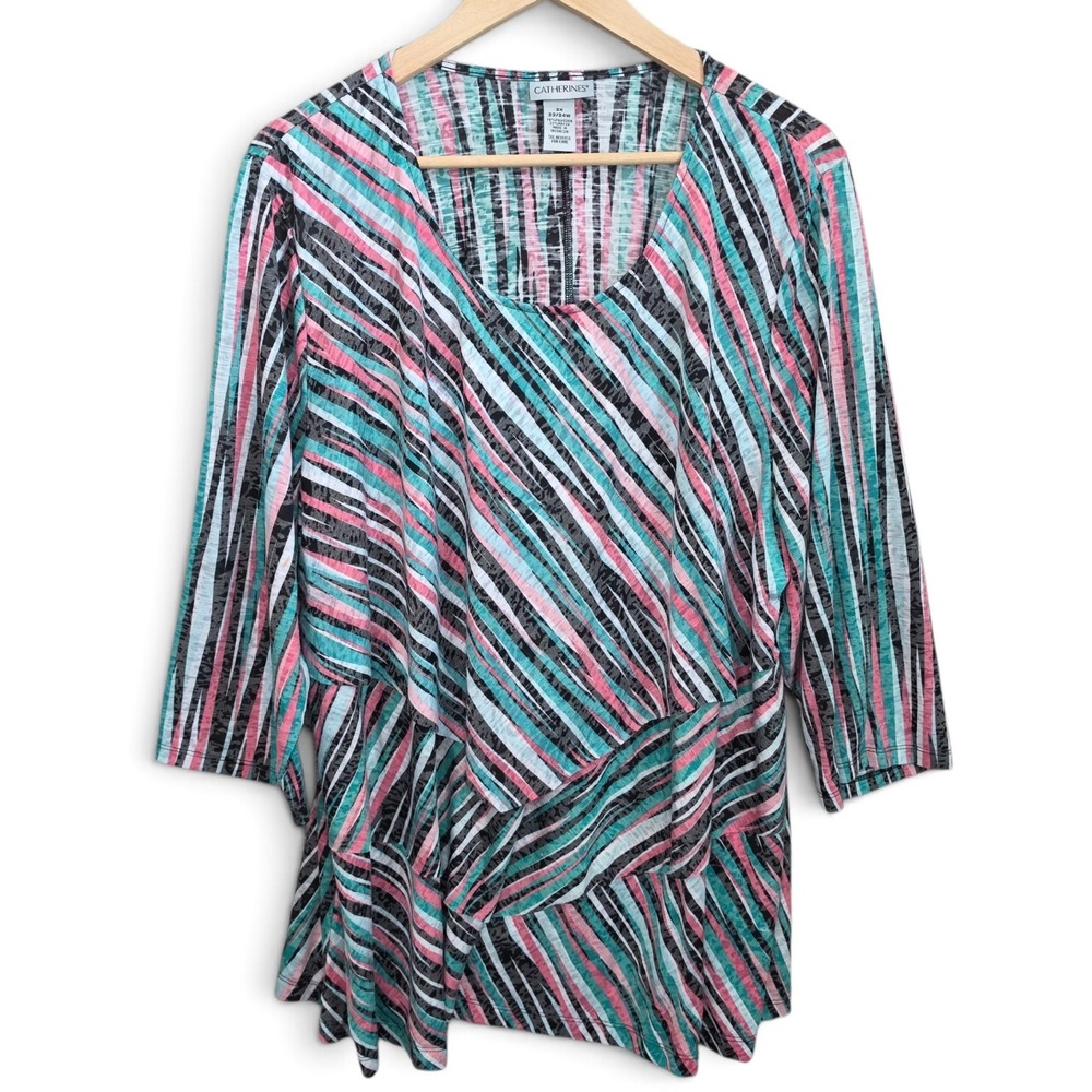Catherines Top Womens Plus 2X 22/24W Pink Teal Scoop Neck Layered Blouse Casual